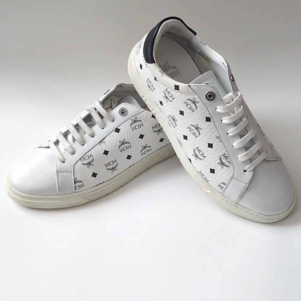 MCM Terrain Monogram Derby White Black Lace Up Leather Sneaker EU 42/US 9 In Box